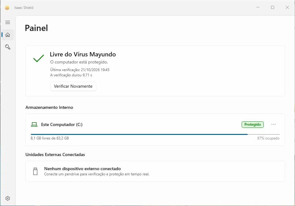 Interface do Isaac Shield exibindo computador protegido e livre do vírus Mayundo